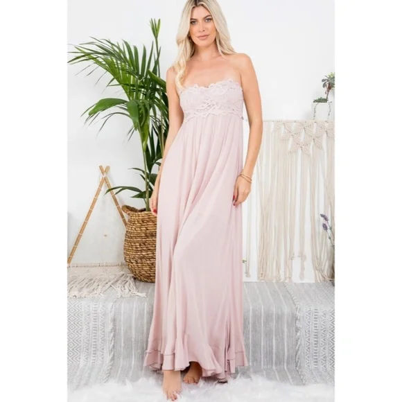 Nude Pink Scallop Crochet Lace Bust Strapless Tube Tiered Skirt Maxi Long Dress - Picture 2 of 6